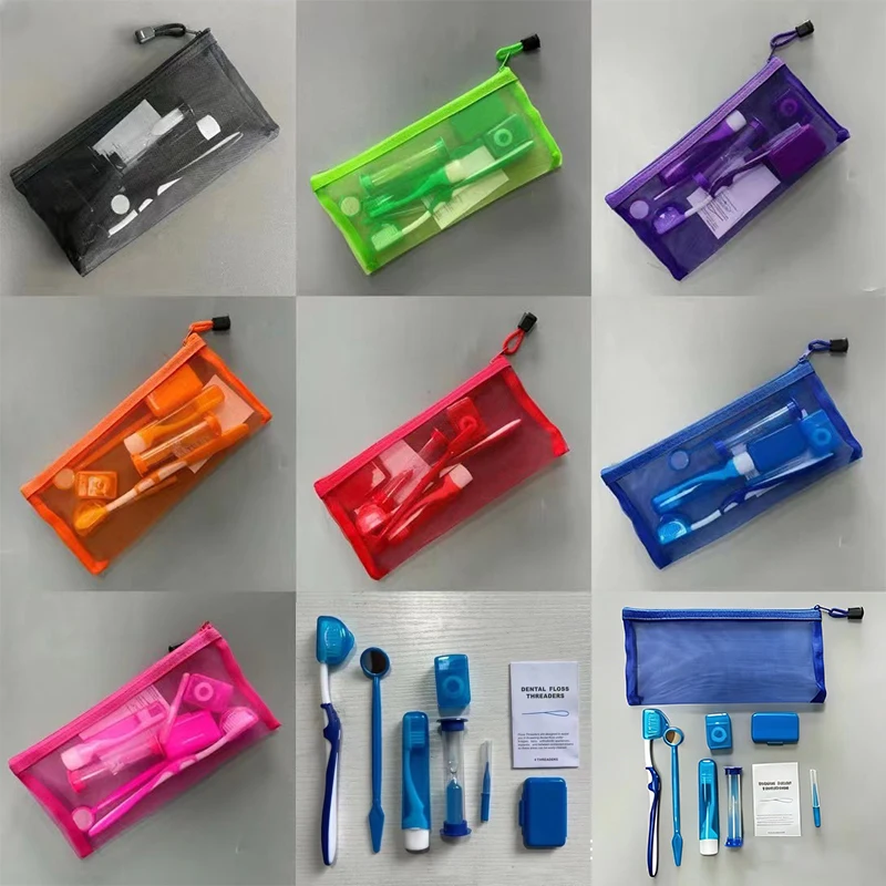 8 قطعة/المجموعة مجموعة فرش العناية بالأسنان متعدد الألوان شمع الأسنان أداة تنظيف الأسنان حقيبة شبكية قابلة للطي فرشاة بين الأسنان الخيط الشمع