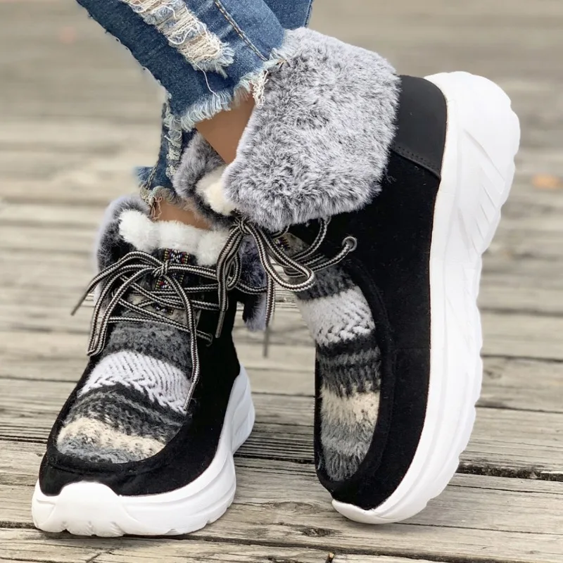 Nordic Style Woman Winter Wool Fleece Warm Boots Casual Lace Up Ankle Fur Shoes Ladies Outdoor Thick Plush High Top Sneakers