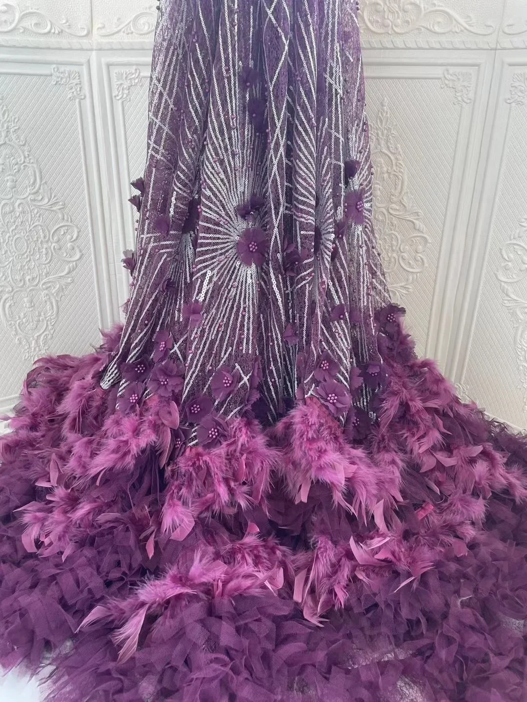 2024 New High Quality Luxury 3D Feather Lace Shiny Sequins Handmade Mesh Lace Tulle Fabric Swiss Bride Wedding Party SewingX5489