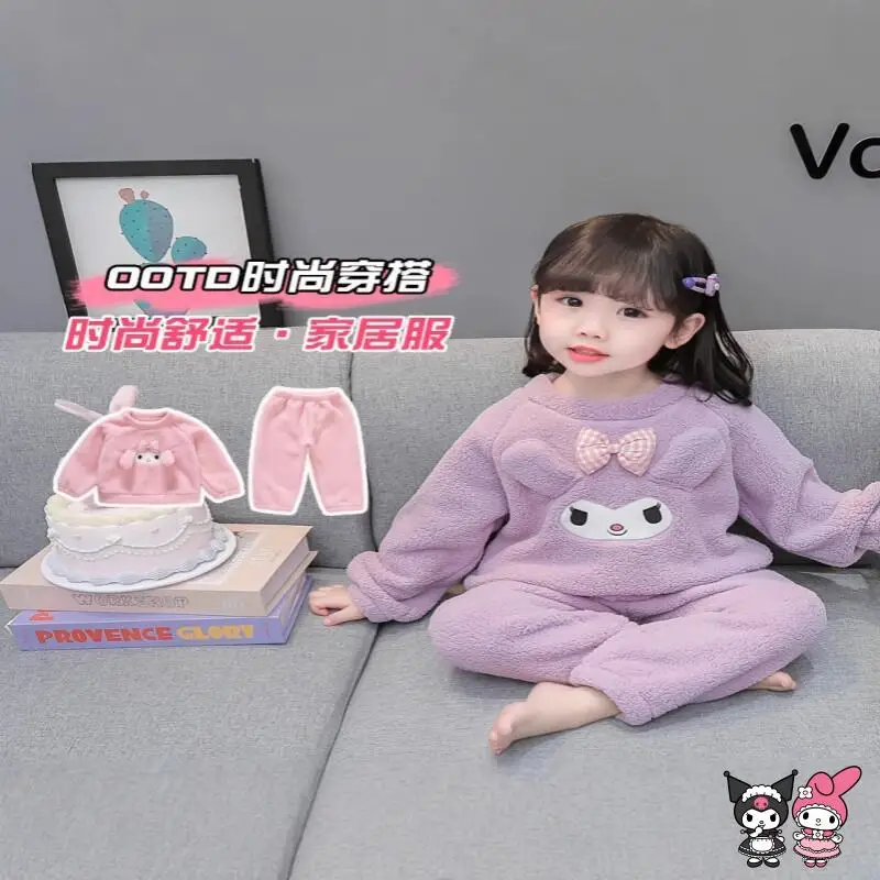

Sanrio Hello Kitty, одежда для сна для девочек, плотная теплая домашняя одежда с героями мультфильмов, осень-зима, Kawaii Y2K, детская одежда в стиле аниме, разделенный комплект одежды