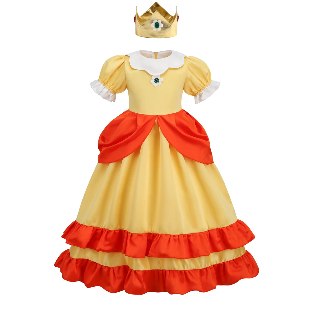 Peach Rosalina Dress Girls Daisy Cosplay Clothes Children Halloween Dress Up Outfits Summer Lace Applique Princess Costume