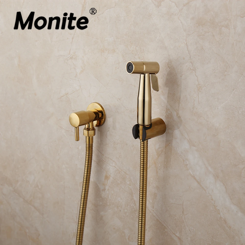 Monite Bathroom Handheld Bidet Spraye Faucet Set Dual Handle Golden Wall Mounted Toilet Self Cleaning Shower Head Tap