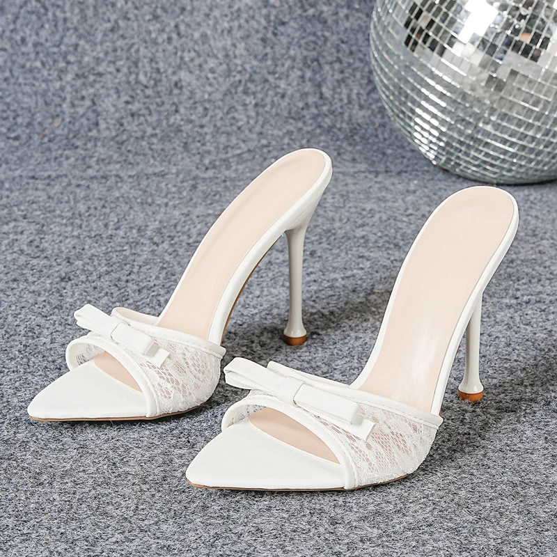 

Aneikeh Summer White Elegant Designer Bowknot Mesh Hollow Out Pointed Toe Women Slippers Thin High Heels Party Prom Shoes