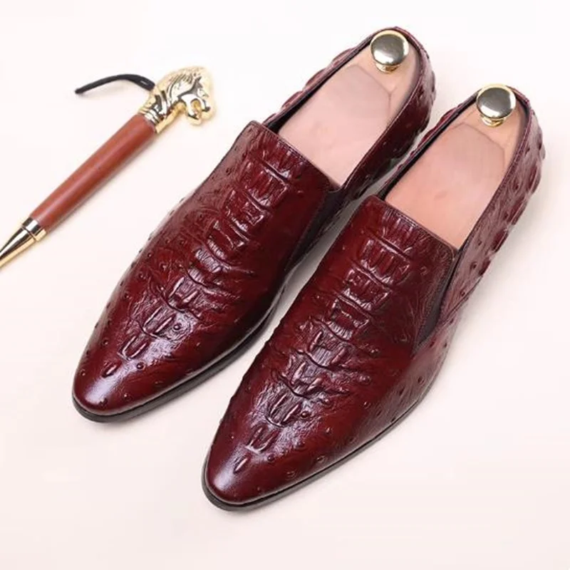 High-end Breathable Slip-on Soft Leather Shoes Men Pointed Toe Genuine Leather Loafers Crocodile Ostrich Pattern Men Dress Shoes