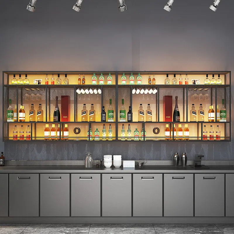 Bar rack Bar counter background  Wrought iron luminous decorative  Industrial style red wine glassWall display rac