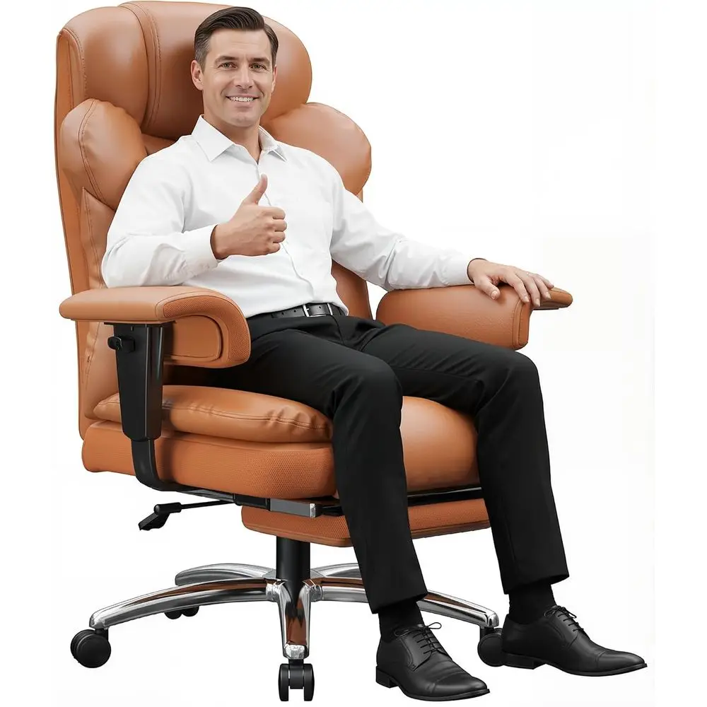 

Эргономичное кожаное офисное кресло с высокой спинкой, подставкой для ног и поясничной опорой для большого и высокого, коричневого цвета