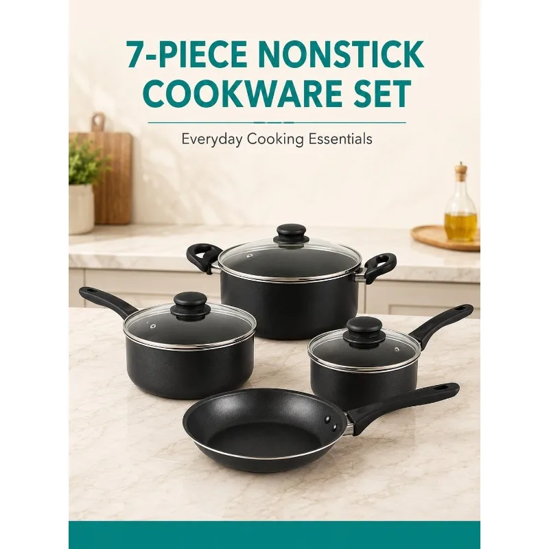 Black 7-Piece Nonstick Aluminum Cookware Set With 1-Qt & 2-Qt Saucepans, 4-Qt Dutch Oven, 8-Inch Frying Pan And 3 Glass Lids, Lightweight Black Pots And Pans Set For Everyday Cooking