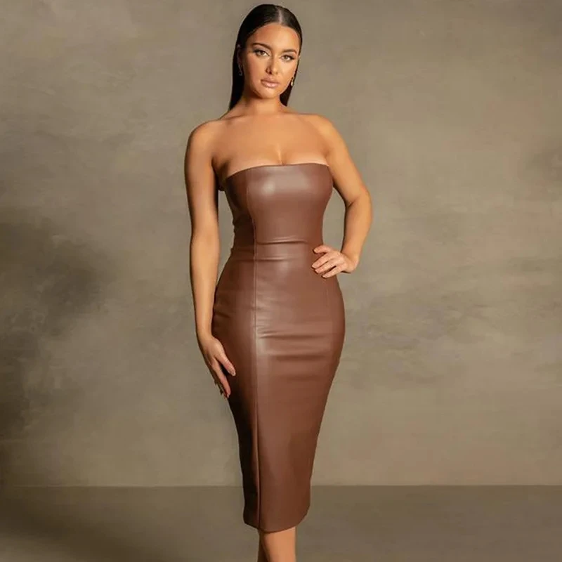 

PU Leather Sexy Dress Women Clubwear Elegant Slim Tube Top Back Slit Sexy Midi Dress for Strapless High Waist Long Dress