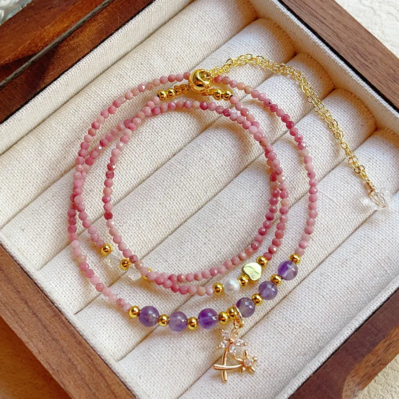 Natural Rose Stone Multi-circle Cut Stone Samll Bead Bracelet with Charms Necklace Women's Jewelry Light Luxury Ins Hand String