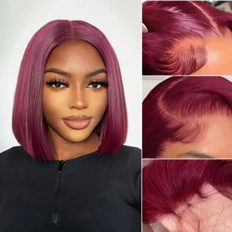 

Winshair 99J Straight Short Bob Wigs Burgundy Colored Remy 13x4 Lace Frontal Human Hair Wigs For Women PrePlucked With Baby Hair