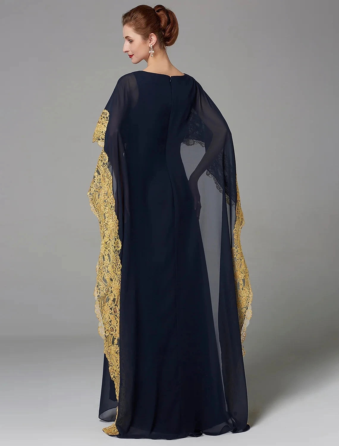 Dark Navy Moslim Avondjurk 2022 Elegant Bateau Hals Gold Kant Applicaties Chiffon Formele Prom Jassen Arabisch Vestidos De Festa