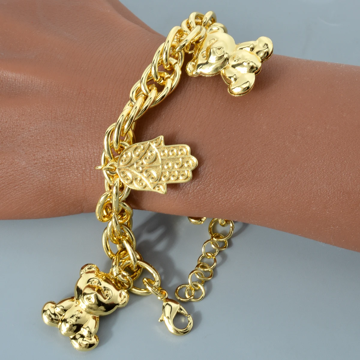 Dubai 18K Gold Color Link Chain Bracelets Cute Teddy Bear Fatima Hand Charms Hand Chain For Women Wedding Party Gifts