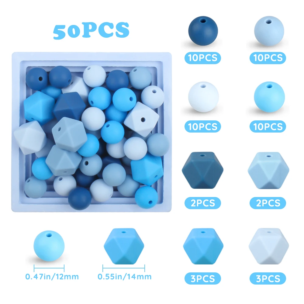 50pcs/lot Silicone Beads Set 12MM Baby Hexagon Round Teething Beads Teether Food Grade DIY Pacifier Chain keychain Accessories