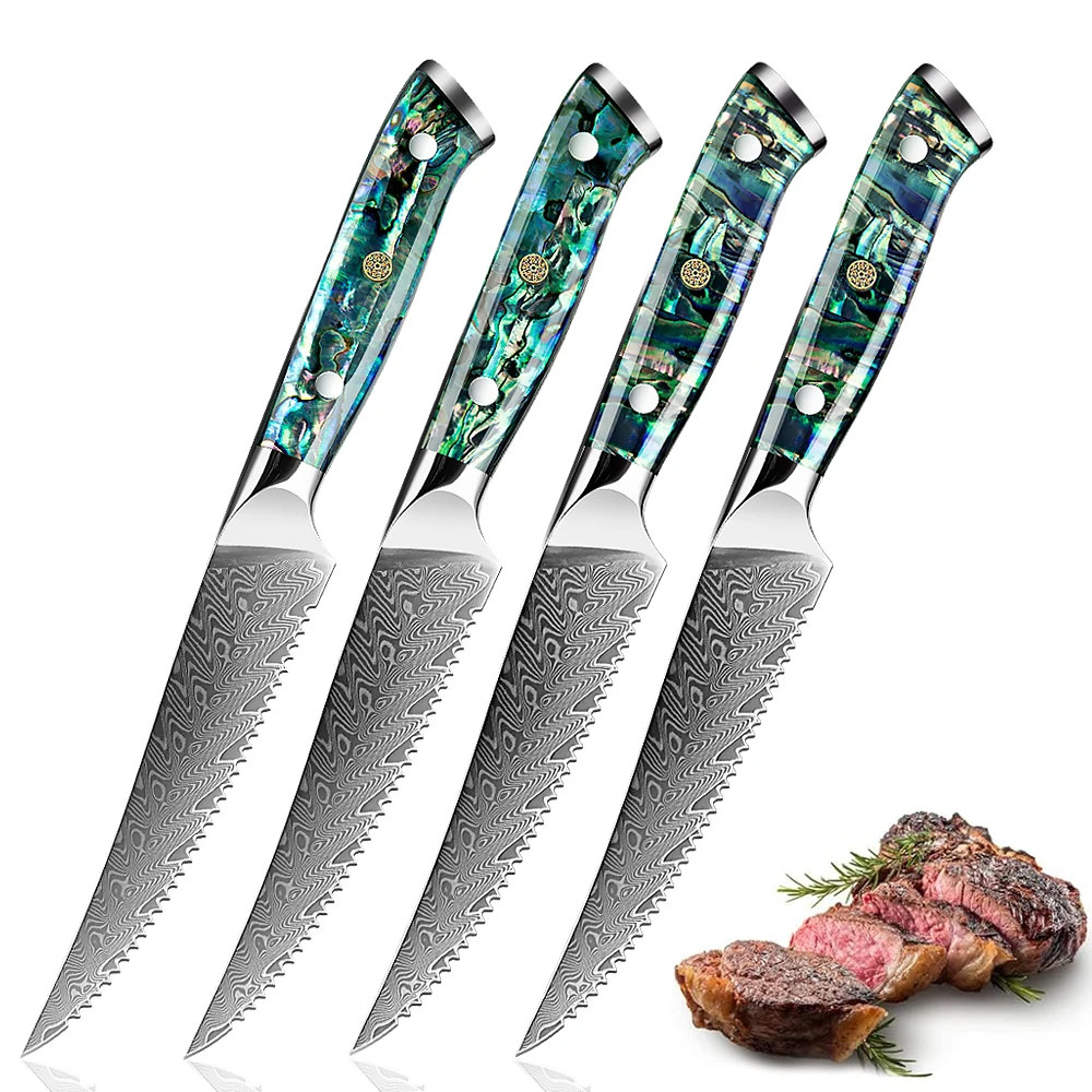 

Luxury Western Steak Knife 1-6PC Meat Cleaver Slicing Knife Dining Damascus Steel Steak Knife Showy Abalone Shell Acrylic Handle