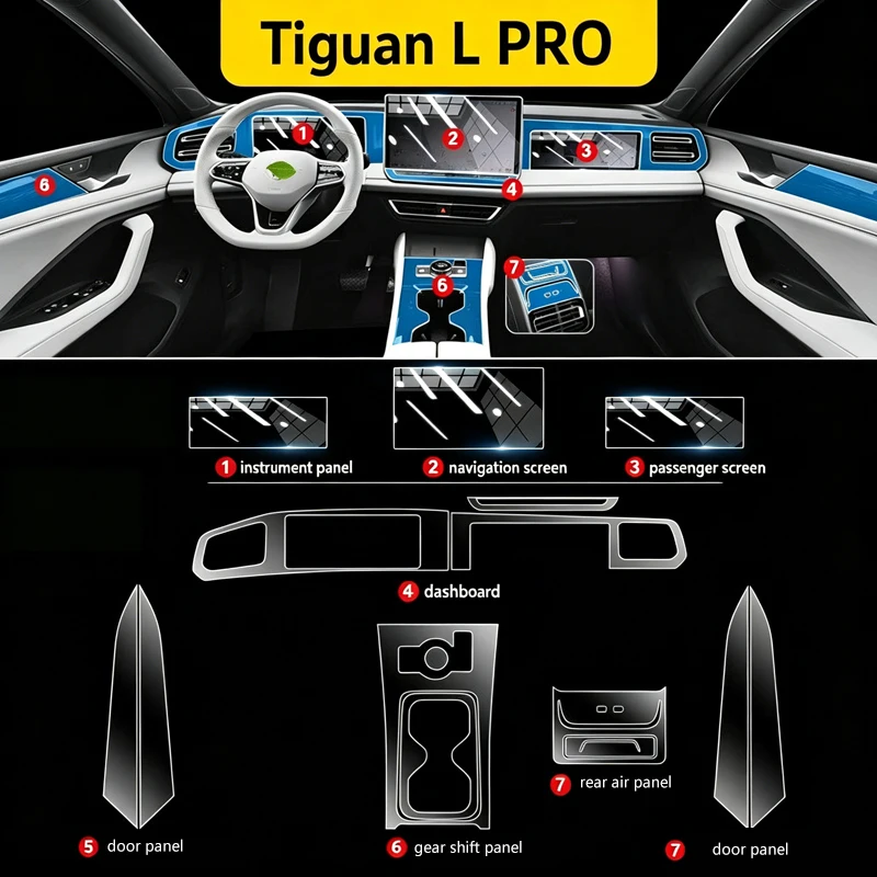 Tpu Protective Film for Volkswagen Tiguan 2024 Car Interior Stickers Center Console Touch Screen Gear Door Panel Car Accessories