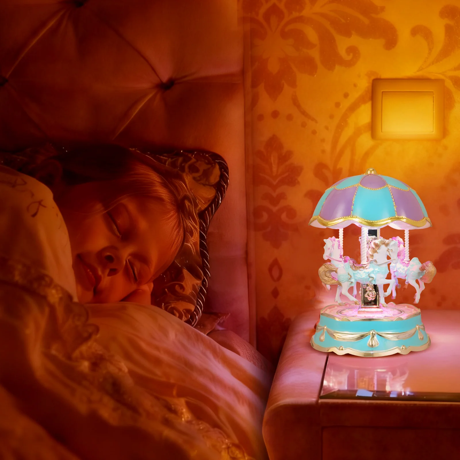

Classic Rotating Carousel Music Box LED Light Up Wind Up Mechanism Vintage Style Desktop Decoration for Children Adults Bedside