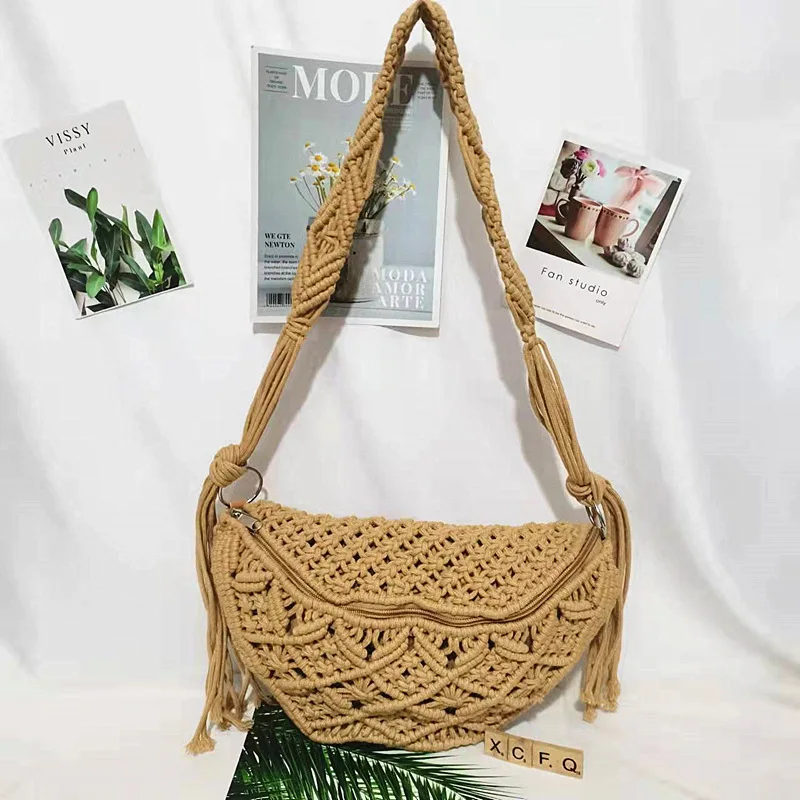 Summer Bohemia Hand Woven Beach Bag with Tassels Cotton Crochet Hollow Out Travel Tote Bag Ethnic Style Handbags Underarm Bag