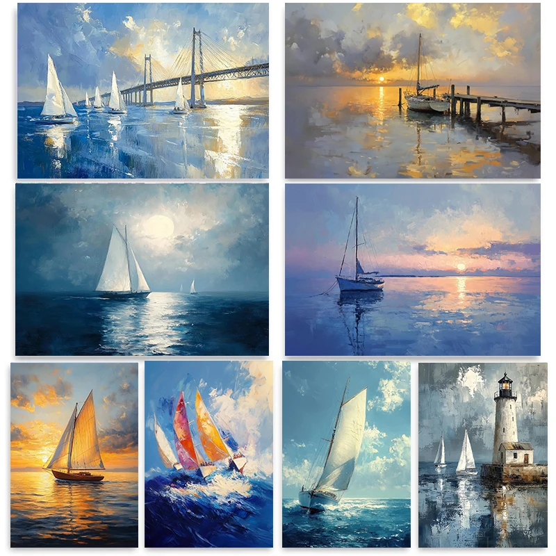 Moonlit Sailboat on Calm Sea Canvas Print Nautical Ocean Sailing Coastal Wall Art Beach House Decor Living Room Bedroom Office