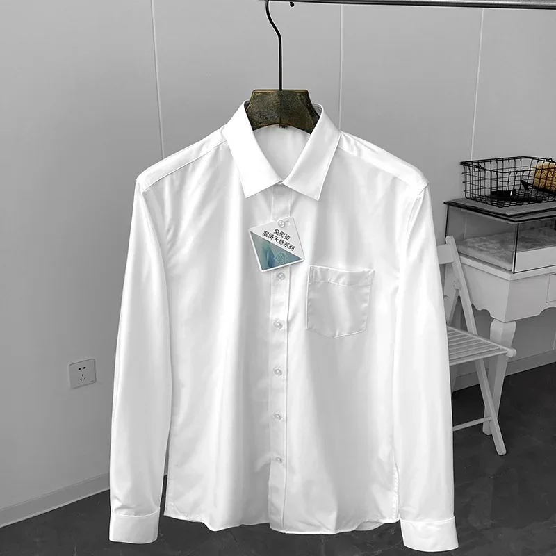 Lyocell-camisas de vestir de algodón para Hombre, camisa de manga larga informal de negocios, Top Simple de lujo, suelto, blanco, azul claro