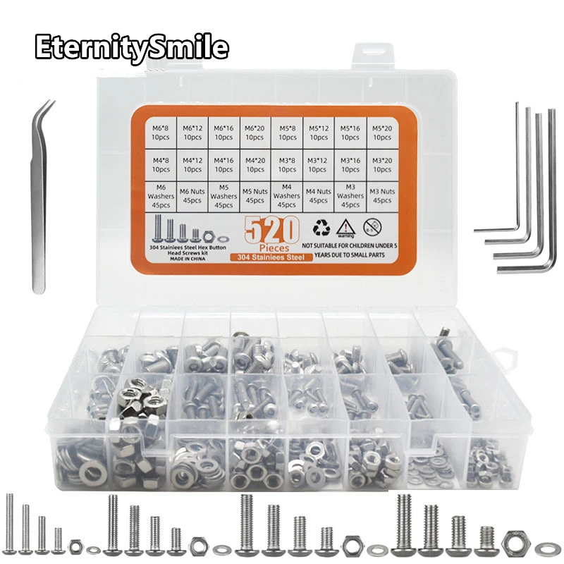 

880pcs/box Hex Socket Head Cap Screw Set M2 M3 M4 M5 Stainless Steel Hexagon Flat Round Cap Head Screw Kit Assortment