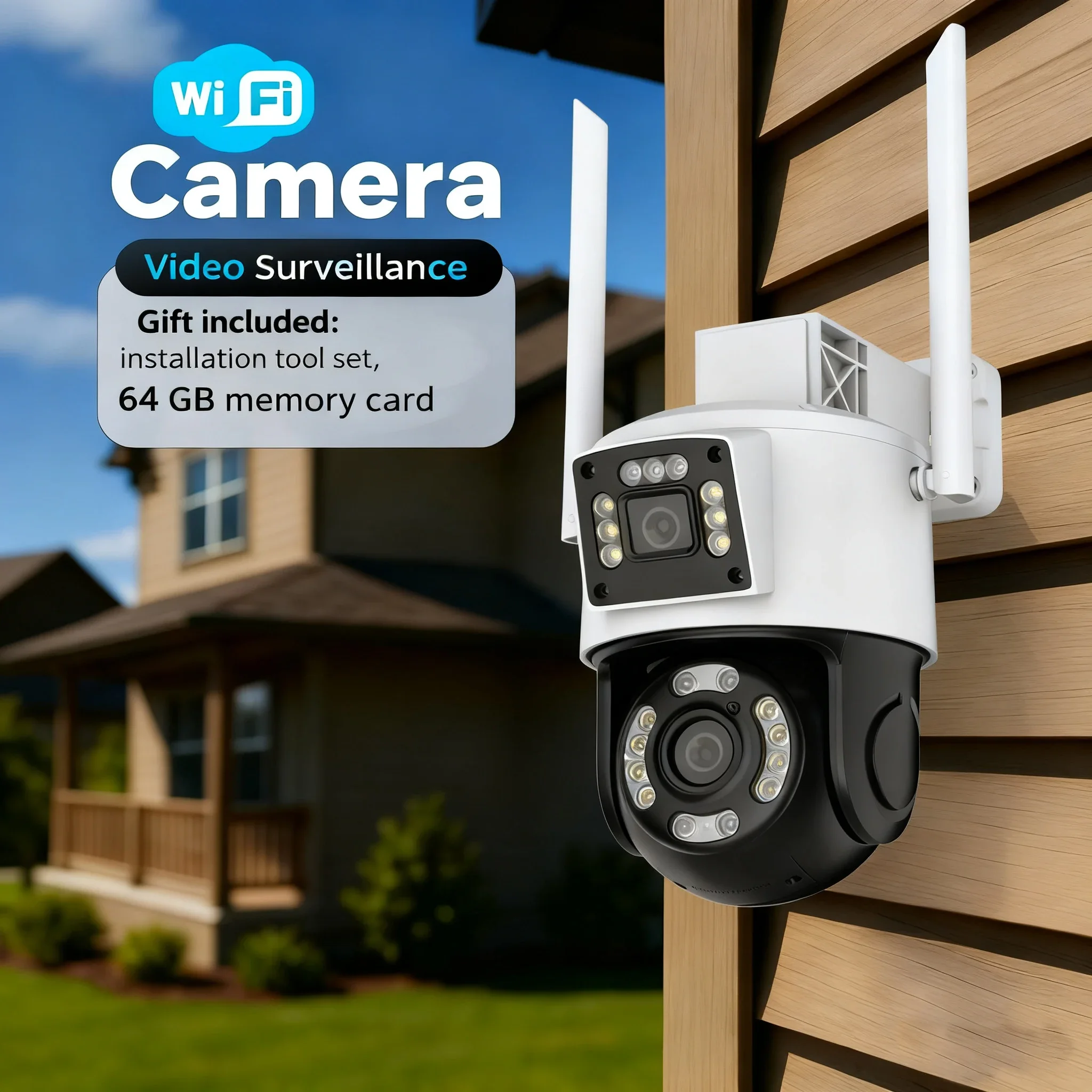 Telecamera Wi-Fi 1-4 pezzi con 360 °   Visualizzazione panoramica, tracciamento del movimento Capacità di visione notturna Rilevamento AI gratuito e cloud