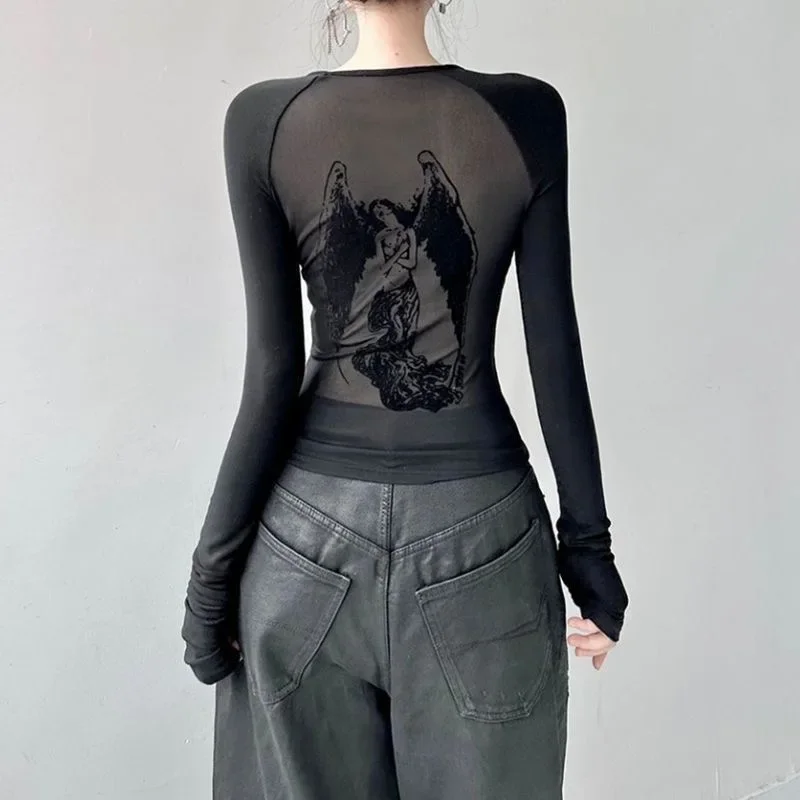 Women Gothic Raglan Long Sleeve Top Sheer Mesh Back Angel Rubber Print Slim Fit Y2K Streetwear Black Casual Basic Tee