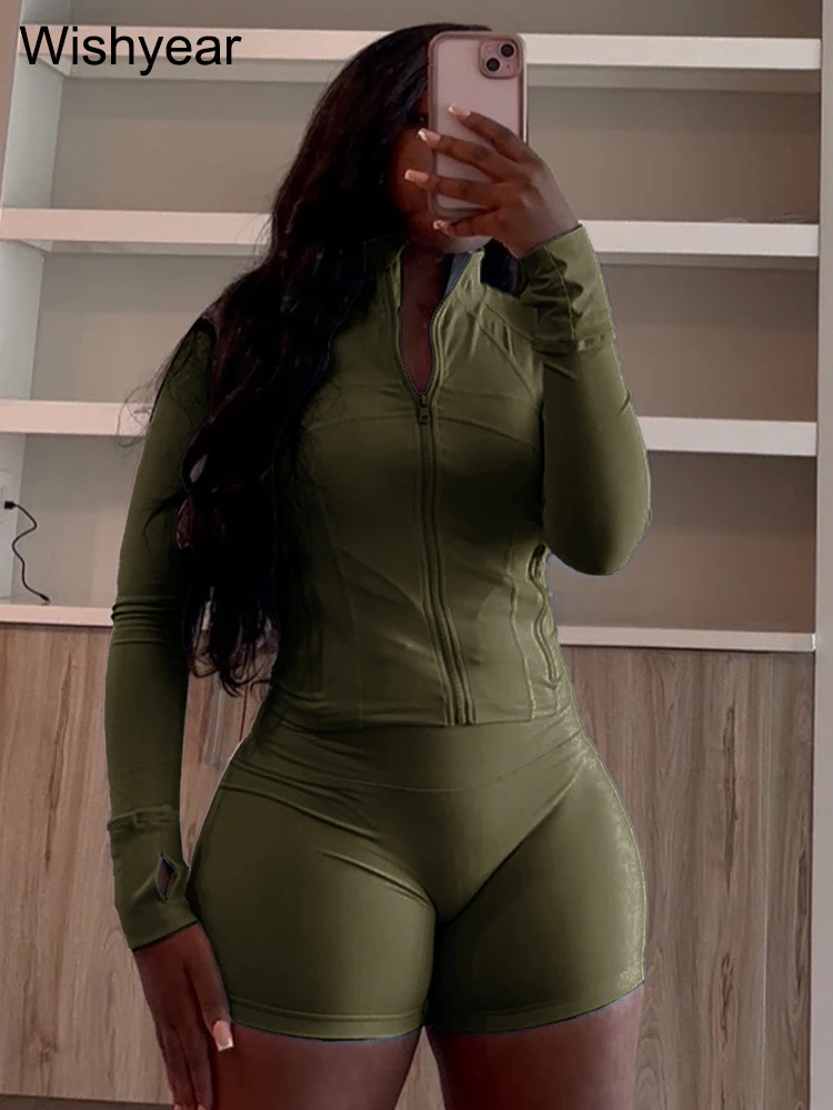 Tracksuit Sales Women Green Two 2 Piece Set Spring Fall Long Sleeve Zip Jacket Top and Shorts Suits Casual Fitness Jogger Outfit