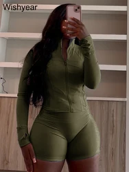 Tracksuit Sales Women Green Two 2 Piece Set Spring Fall Long Sleeve Zip Jacket Top and Shorts Suits Casual Fitness Jogger Outfit