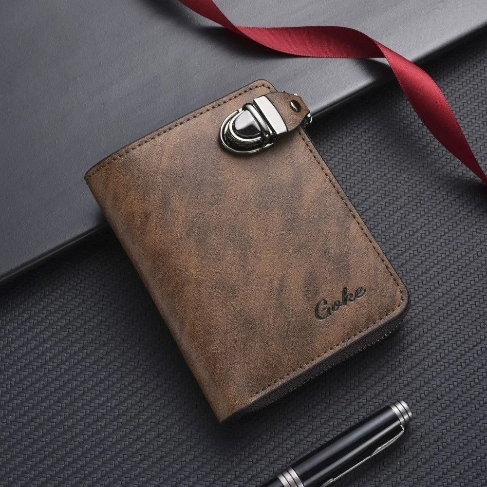 ポータブルジッパーメンズ財布バックルソリッドカラービジネスカードホルダー複数のカードスロットショートレザーコイン財布ギフト