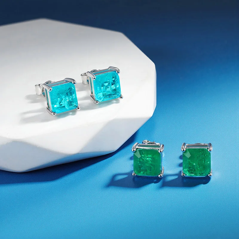 Halaile S925 Sterling Silver Polychrome Zircon Simulated Gemstone Square Stud Earrings Trendy Fine Jewelry Women's Elegant Gift
