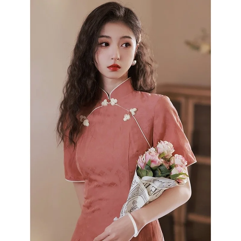 فستان تشيباو طويل أحمر للنساء، تصميم صيفي جديد أنيق وعصري، فستان رقيق عالي الجودة من ألياف البوليستر 00٪، بأسلوب عتيق جمالي #5