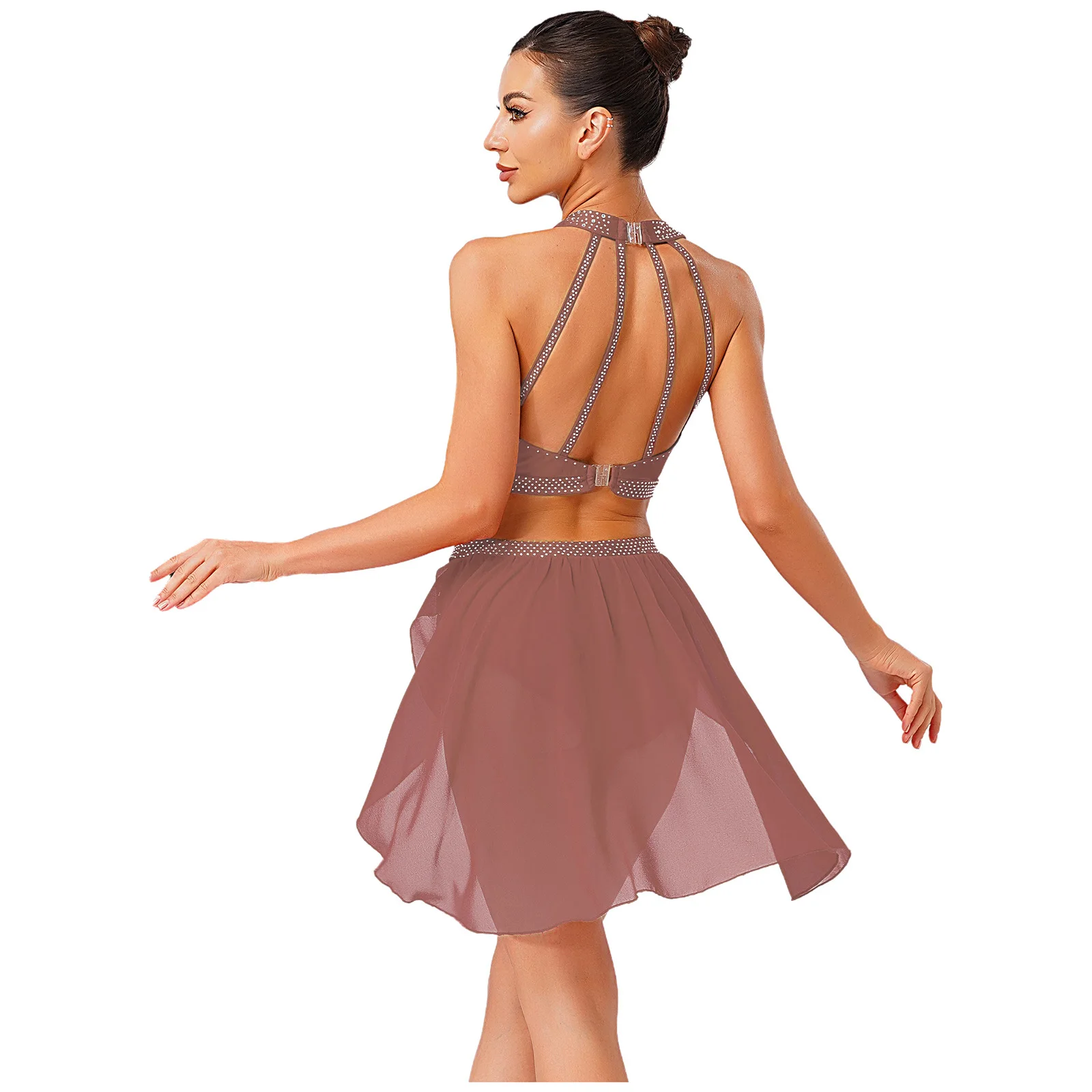 Women Modern Lyrical Dance Outfit Sleeveless Halter Crop Top And Irregular Skirt Rhinestone Gymnastics Skating Ballet Dancewear