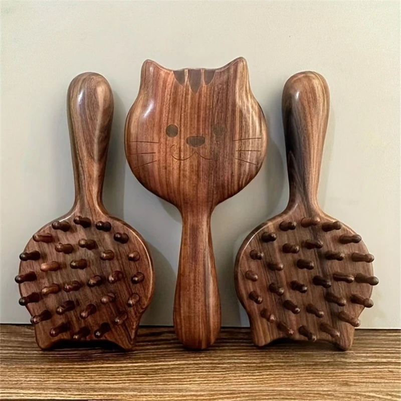 

1-Sandalwood Handle Solid Wood Massage Comb | Charming Kitten Shape, Women's Air Cushion Scalp & Meridian Relief