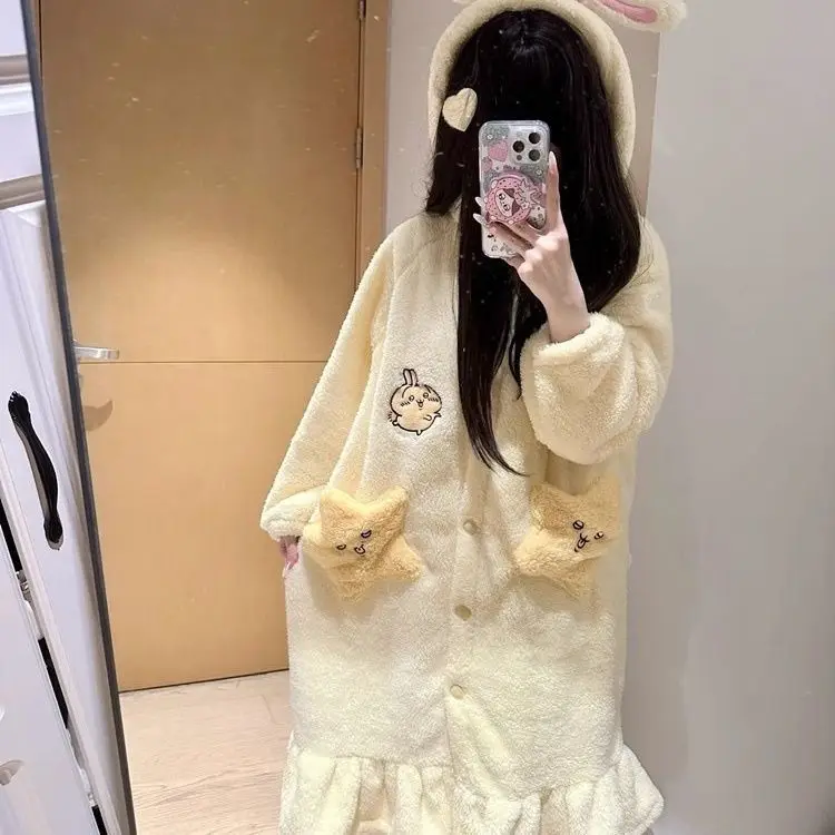 Kawaii Chiikawa Usaki Pajamas Anime Cartoon Plush Nightgown Women\'s Winter Warm Cute Coral Fleece Thickened Loungewear Set Gifts