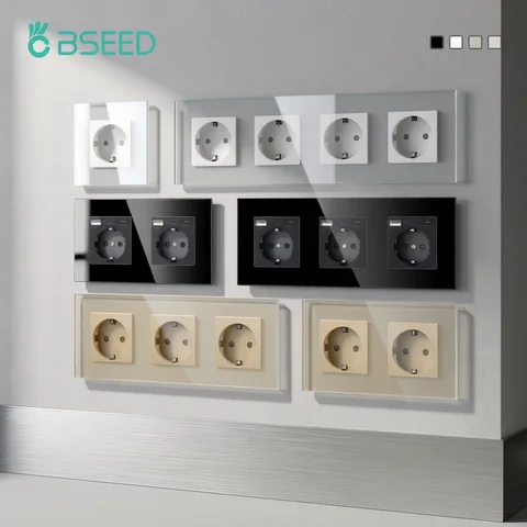 EU Power Sockets BSEED Wall BSEED EU Standard Wall Electrical Sockets Type-C Outlets Wall Power Socket USB Charge Port Glass Panel Kids Protection 16A