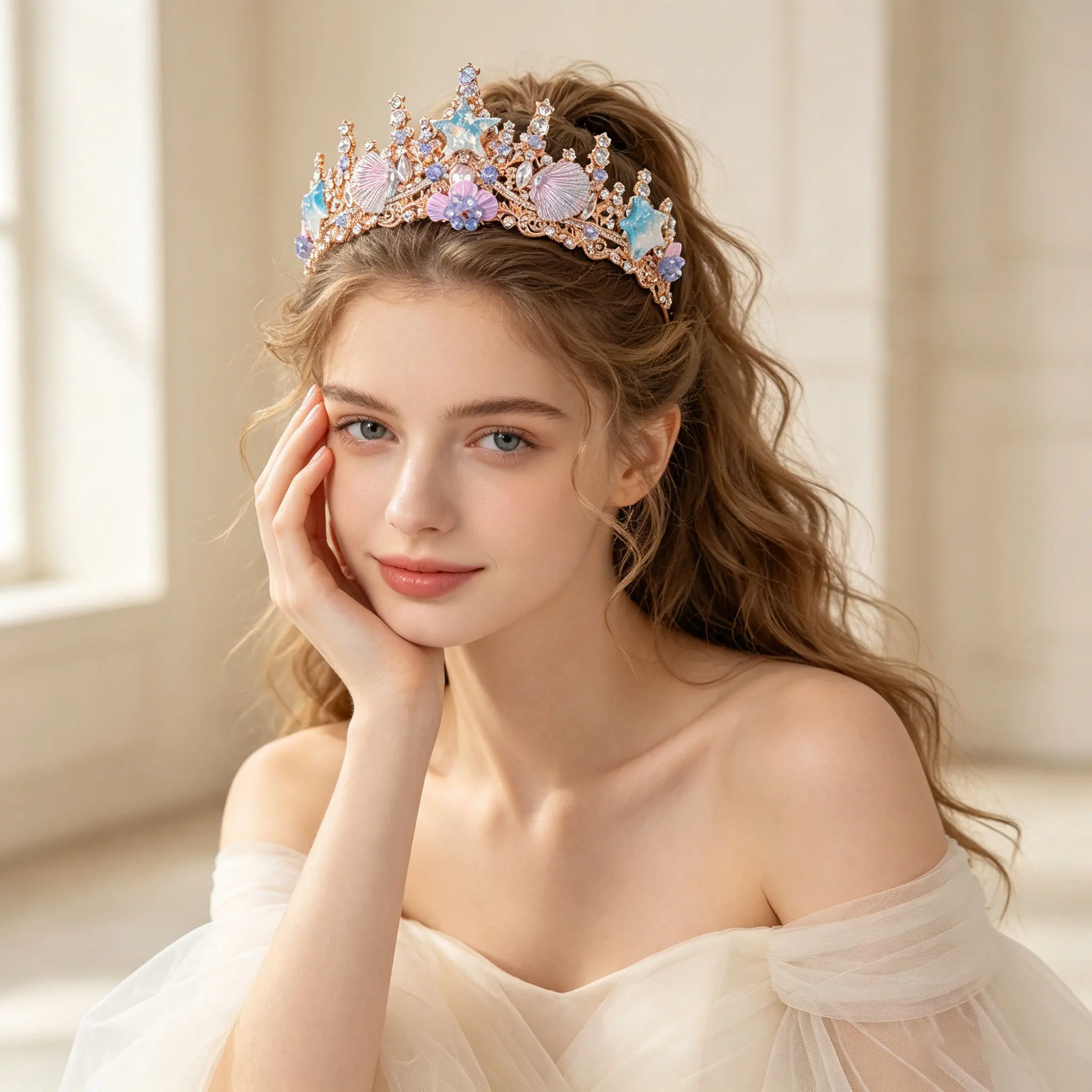 Gold Mermaid Crown with Iridescent Shell & Starfish, Crystal Ocean Tiara, Bridal Beach Wedding Headpiece