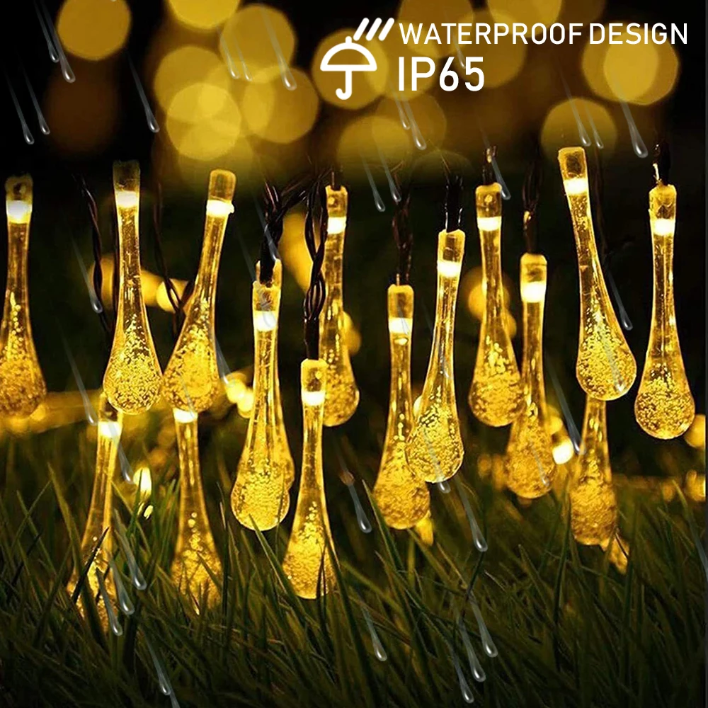 12/7/5m -100/50/20 LEDS Outdoor Water Drops Solar Lamp String Lights Fairy Holiday Christmas Party Garland Garden Waterproof