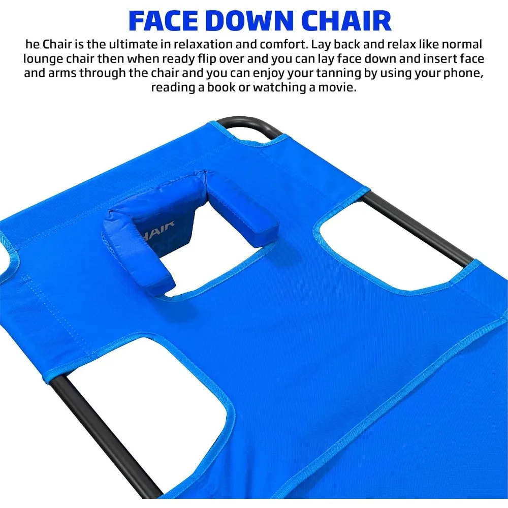 كرسي تسمير الوجه مع فتحات للوجه والذراع - 2 دعم للساق - مسند ظهر قابل للتعديل - صالة الشاطئ بخطوط زرقاء #6