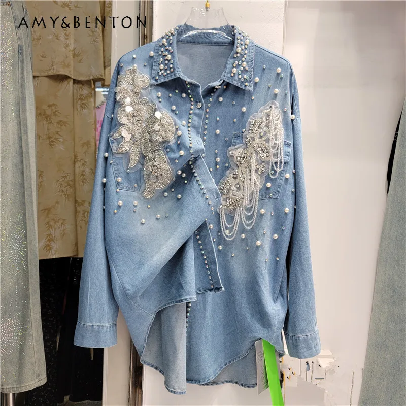 European Heavy Industry Flower Denim Blouse Women Loose Slim Lapel Single-Breasted Beaded Shirt Spring Summer Oversized Shirts