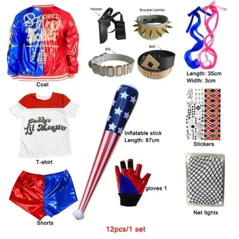 Carnaval crianças meninas suicídio harley cosplay trajes esquadrão quinn monstro coringa jaqueta terno tatuagem adesivos calças conjunto
