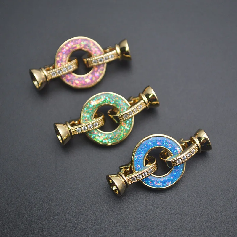 5pc Beautiful Blue Green Pink Synthetic Opal Round Circle Metal Brass Necklace Connector Clasps Gold Plated Jewelry Findings