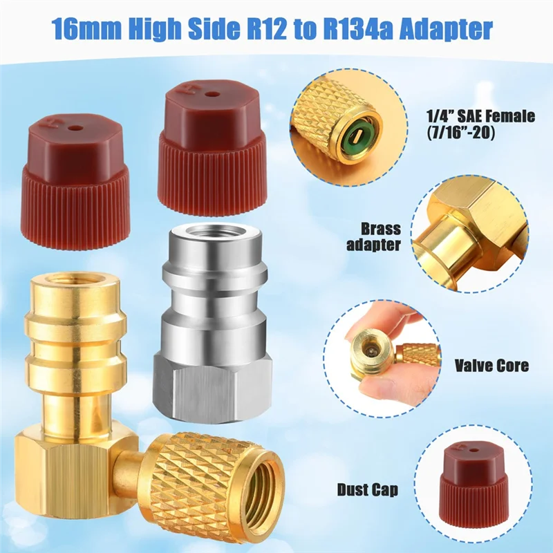 طقم محول تحويل تركيب التيار المتردد R12 إلى R134A، صمام التوصيل السريع A/C 90 °   محول منفذ التحديثية الضغط العالي/المنخفض-AA70