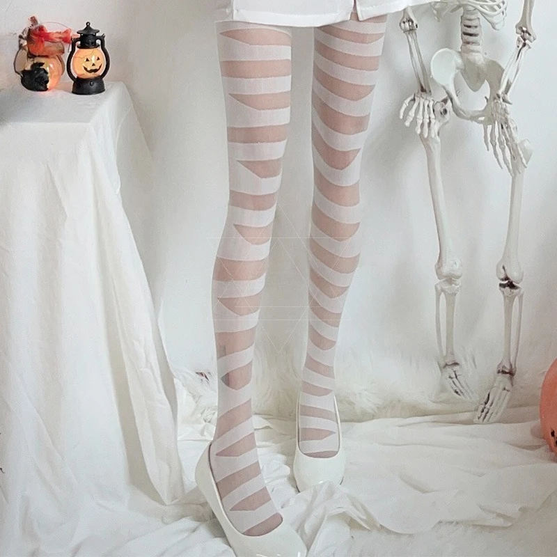 Calcetines por encima de la rodilla con correa de Jacquard para Halloween, medias blancas por encima de la rodilla con cruz de chica picante, calcetines de seda negros con aspecto de pantorrilla, pantimedias finas
