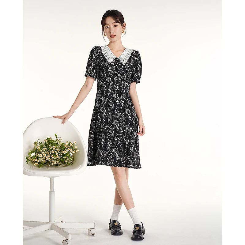 Toyouth Women Dress 2023 Summer Short Sleeve Hollow Embroidered Lapel A-shape Full Floral Print Pure Cotton Vintage Chic Skirt