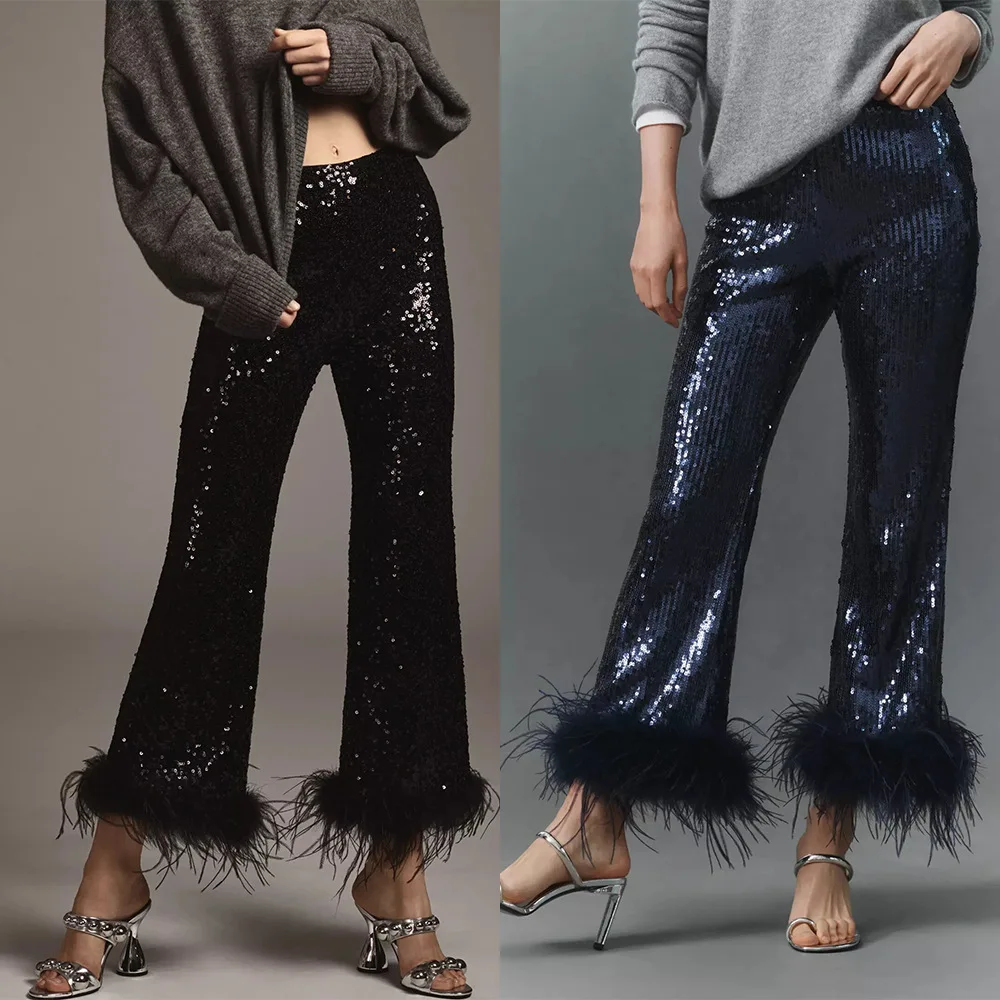 

Women's Sequined Pants Low Waist Straight Leg Bright Tead Detail CleanFit Sle Polyester Fiber Casual Trousers