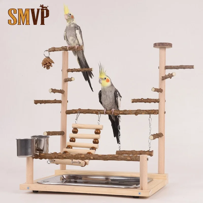 

Natural Zanthoxylum Wood Bird Play Stand Multi-Level Perch Gym with Swing Ladder Interactive Activity Center Bird Toy