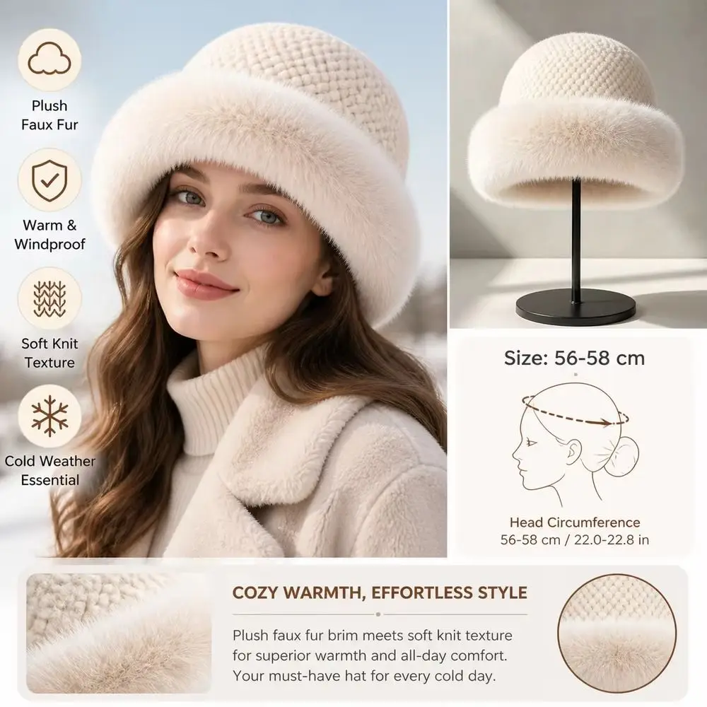Retro Warm Fluffy Fur Hat Brimless Korean Style Plush Bucket Hat Thicken Faux Fur Winter Hat Autumn Winter 5