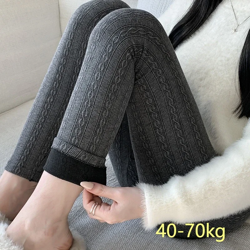 Women Fleece Lined Leggings Striped Jacquard Fabric High Waist Warm Tight Pants Thickened Knit Coldproof Wear Outside Trousers