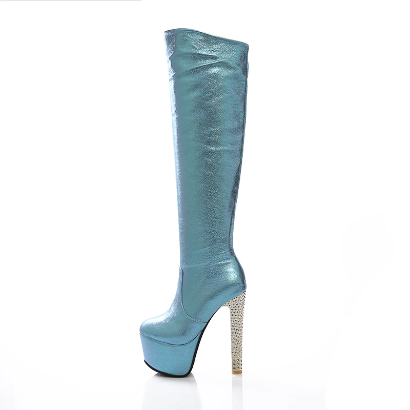 

Platform Women‘s High Knee Boots Autumn Winter Luxury Sequined Knee High Boot Female High Heel Blue Gold Silver Party Shoes
