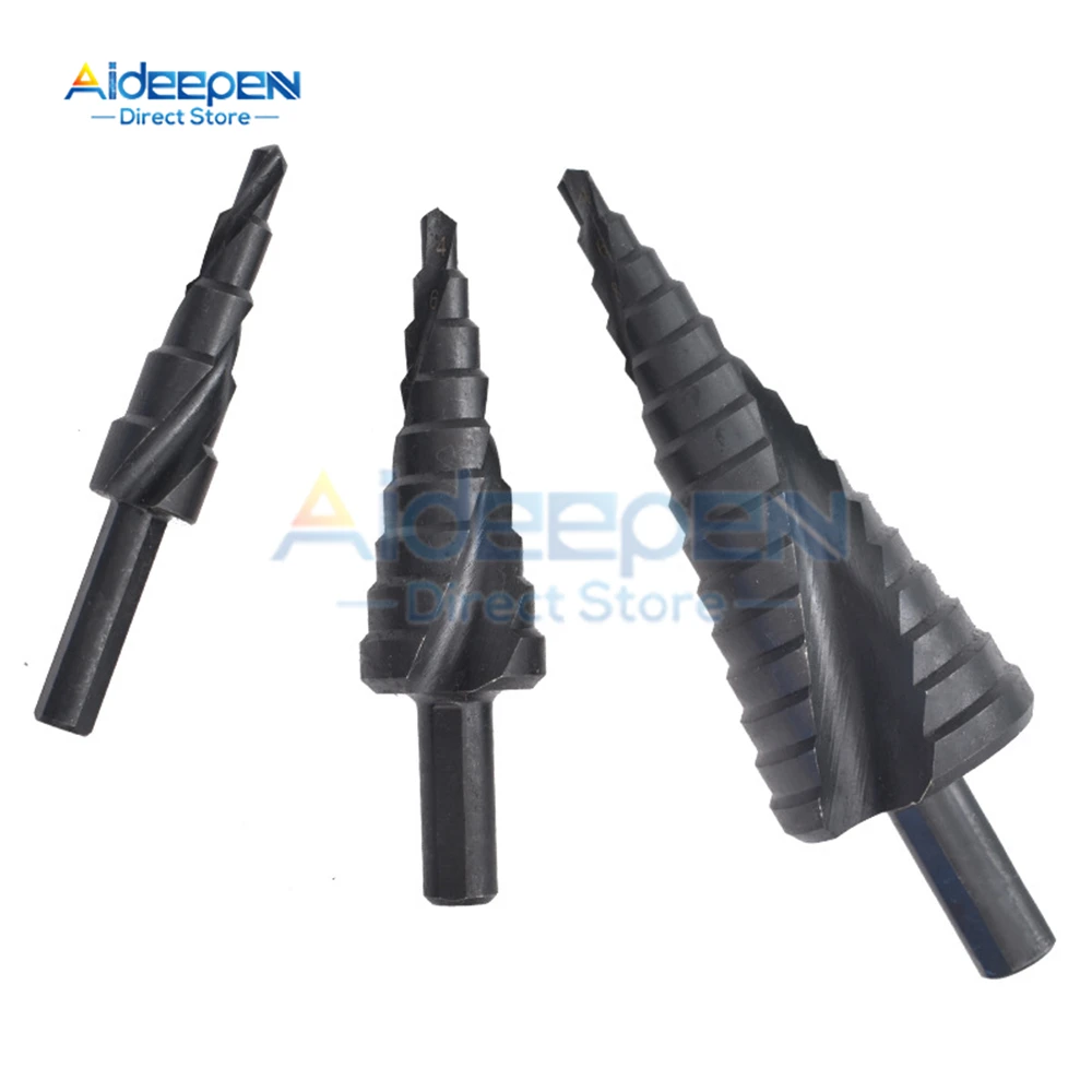 

Step Drills 3Pcs Metric Spiral Flute The Pagoda Shape Hole Cutter 4-12/20/32mm HSS Steel Cone Drill Bit Set Step Drill Bit